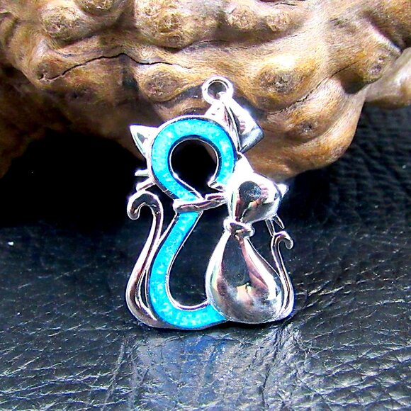 Solid 925 Sterling Silver and Lab Created Blue or White Opal Twin Cats Pendant - Picture 3 of 10